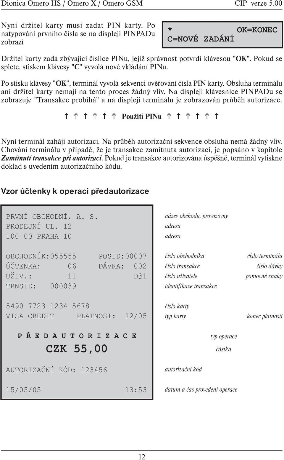 Pokud se splete, stiskem klávesy "C" vyvolá nové vkládání PINu. Po stisku klávesy "OK", terminál vyvolá sekvenci ovìøování èísla PIN karty.