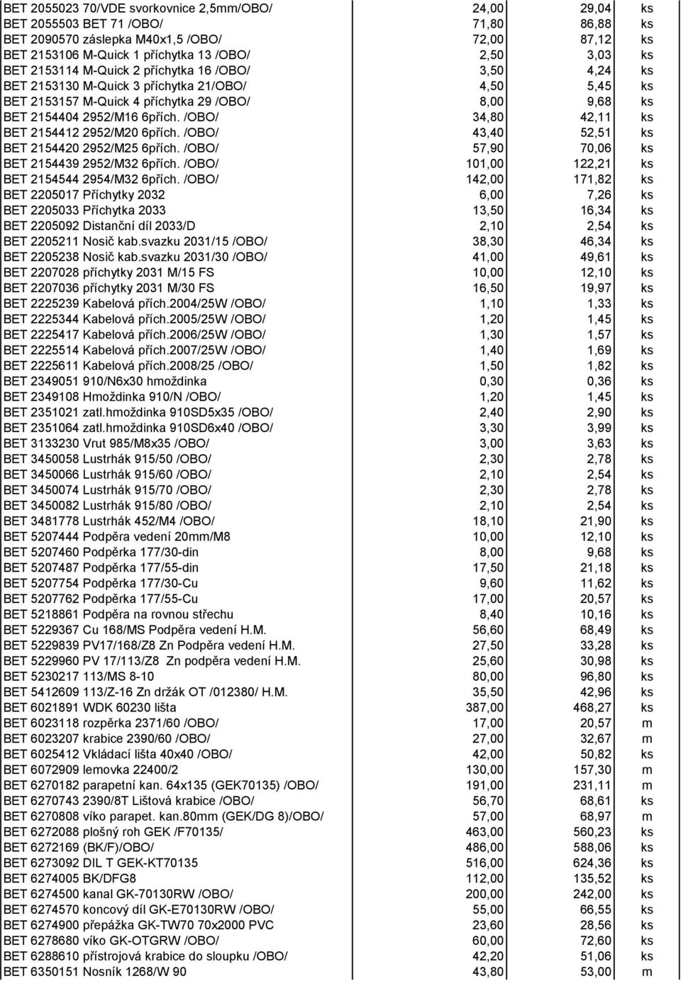 /OBO/ 34,80 42,11 ks BET 2154412 2952/M20 6přích. /OBO/ 43,40 52,51 ks BET 2154420 2952/M25 6přích. /OBO/ 57,90 70,06 ks BET 2154439 2952/M32 6přích.