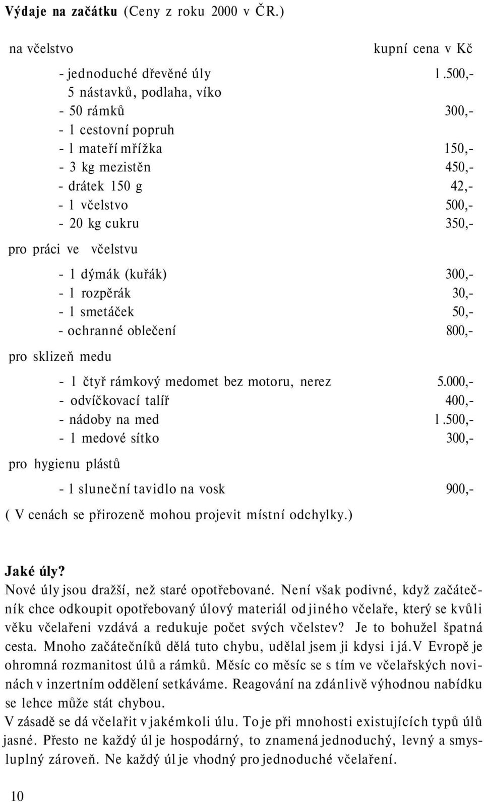 dýmák (kuřák) 300,- - l rozpěrák 30,- - l smetáček 50,- - ochranné oblečení 800,- pro sklizeň medu - l čtyř rámkový medomet bez motoru, nerez 5.000,- - odvíčkovací talíř 400,- - nádoby na med l.