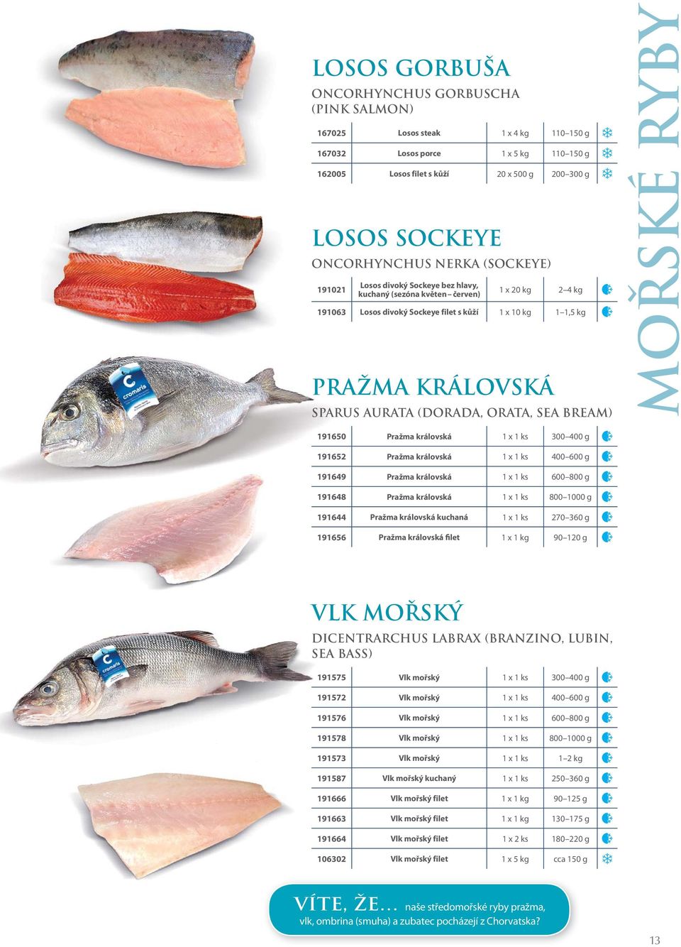 AURATA (DORADA, ORATA, SEA BREAM) Mořské ryby 191650 Pražma královská 1 x 1 ks 300 400 g 191652 Pražma královská 1 x 1 ks 400 600 g 191649 Pražma královská 1 x 1 ks 600 800 g 191648 Pražma královská