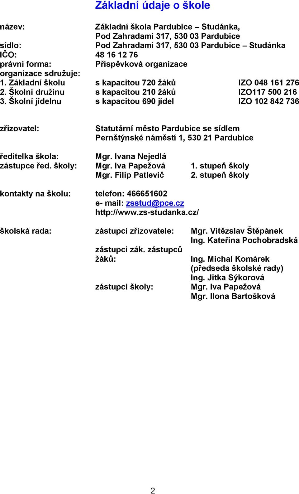 Školní jídelnu s kapacitou 690 jídel IZO 102 842 736 zřizovatel: Statutární město Pardubice se sídlem Pernštýnské náměstí 1, 530 21 Pardubice ředitelka škola: Mgr. Ivana Nejedlá zástupce řed.