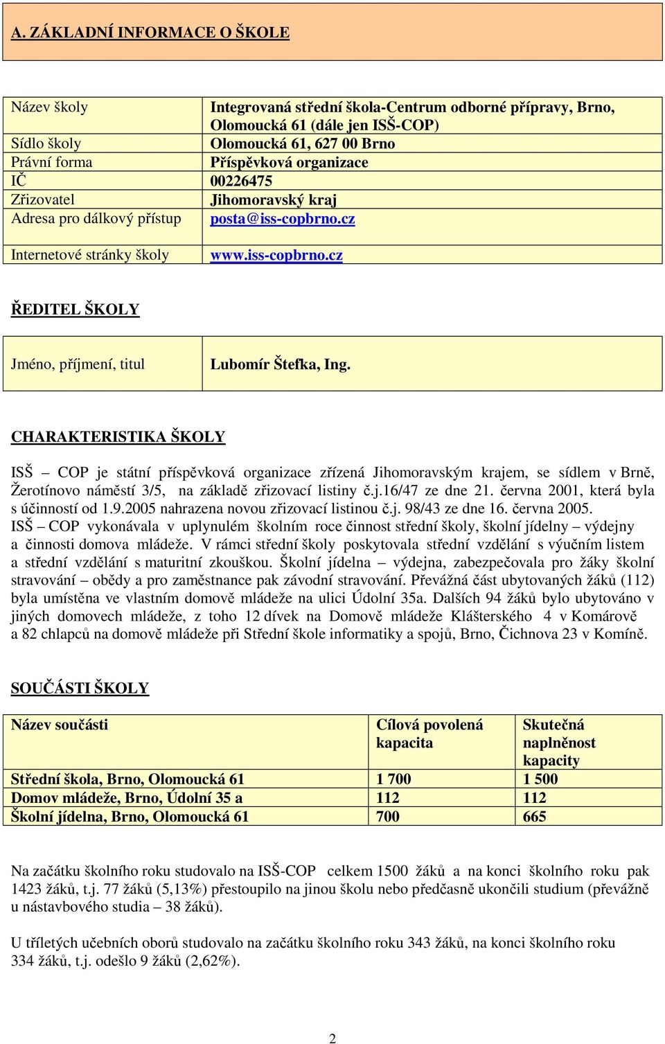 CHARAKTERISTIKA ŠKOLY ISŠ COP je státní příspěvková organizace zřízená Jihomoravským krajem, se sídlem v Brně, Žerotínovo náměstí 3/5, na základě zřizovací listiny č.j.16/47 ze dne 21.