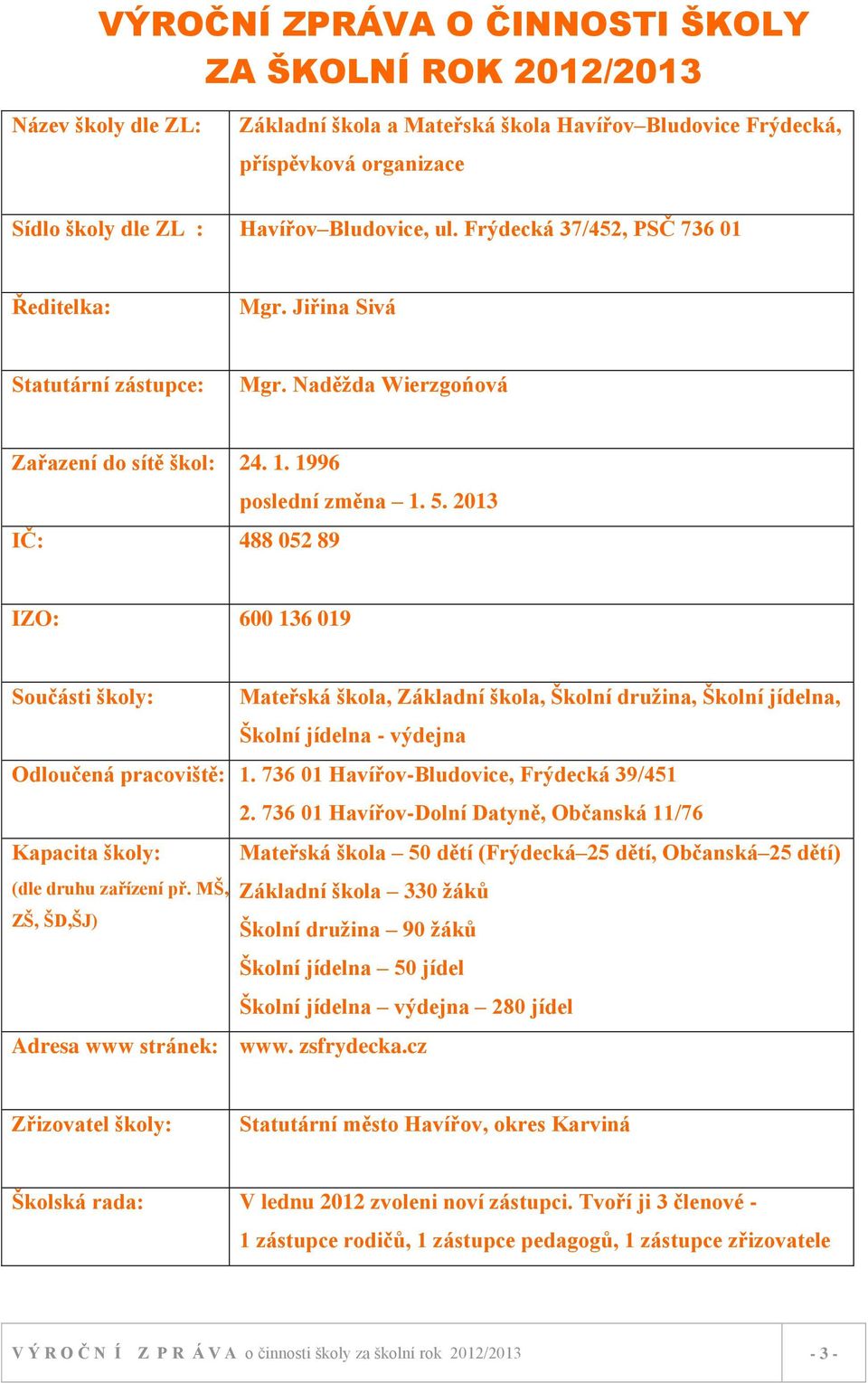 2013 IZO: 600 136 019 Součásti školy: Mateřská škola, Základní škola, Školní druţina, Školní jídelna, Školní jídelna - výdejna Odloučená pracoviště: 1. 736 01 Havířov-Bludovice, Frýdecká 39/451 2.