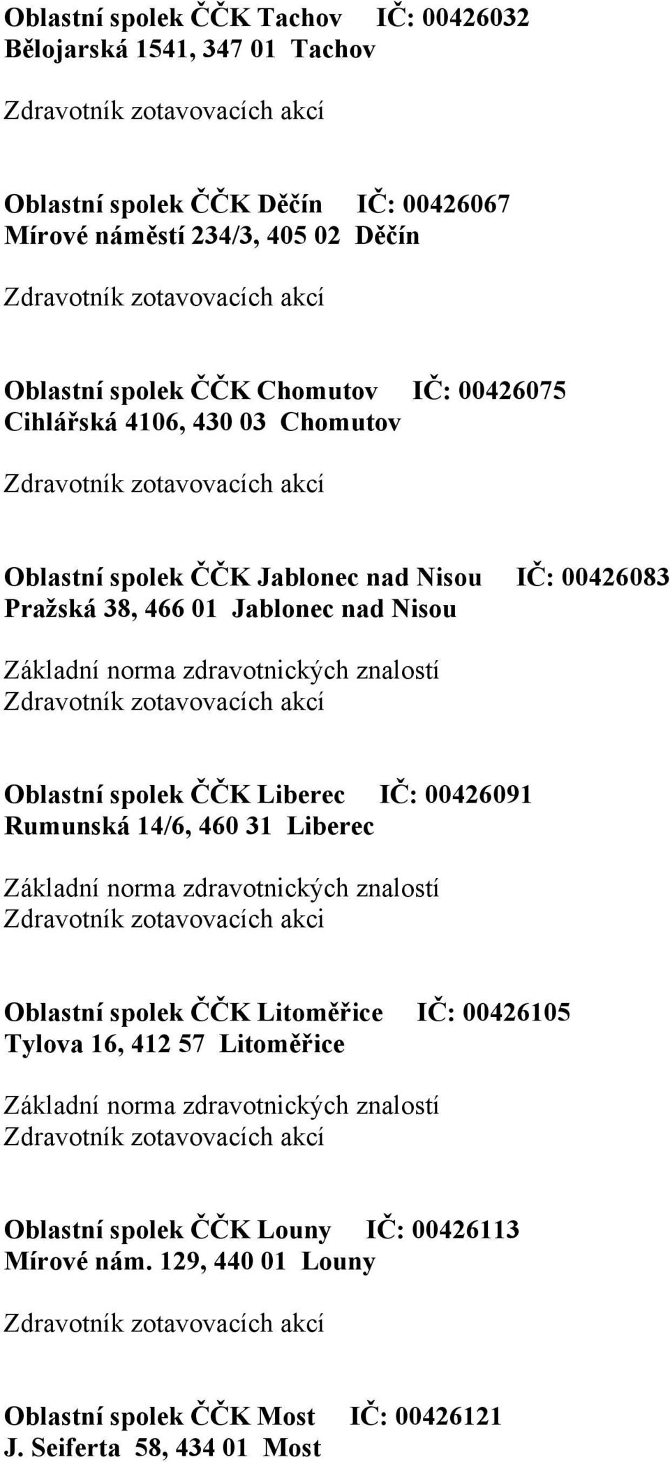 Základní norma zdravotnických znalostí Zdravotník zotavovacích akcí Oblastní spolek ČČK Liberec IČ: 00426091 Rumunská 14/6, 460 31 Liberec Základní norma zdravotnických znalostí Zdravotník