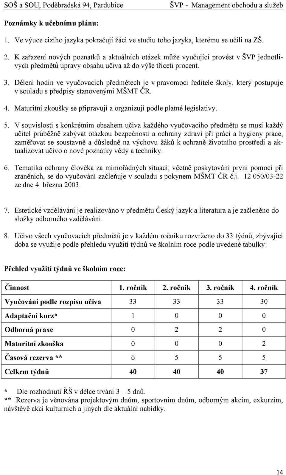 Dělení hodin ve vyučovacích předmětech je v pravomoci ředitele školy, který postupuje v souladu s předpisy stanovenými MŠMT ČR. 4.