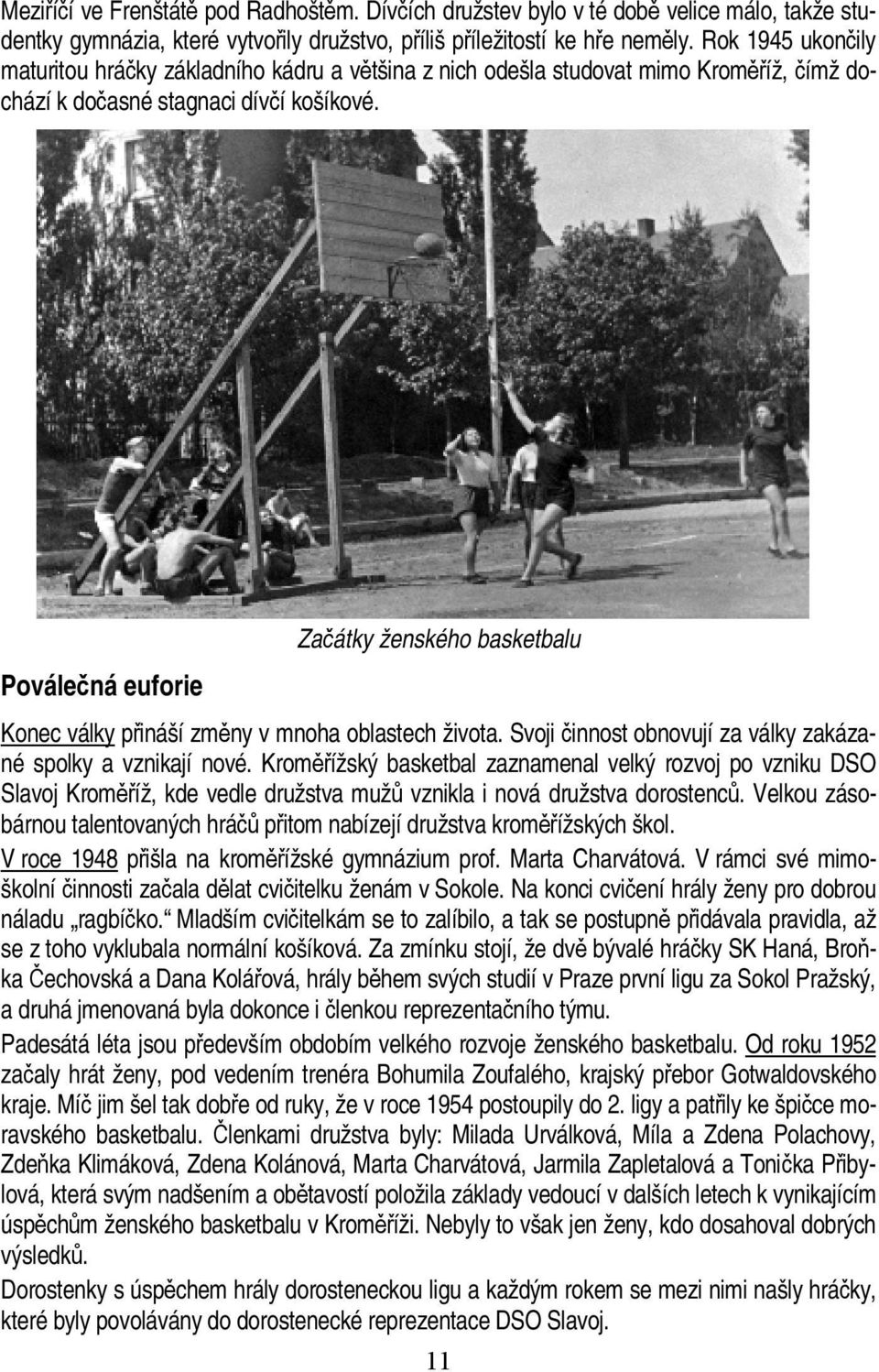 Poválečná euforie Začátky ženského basketbalu Konec války přináší změny v mnoha oblastech života. Svoji činnost obnovují za války zakázané spolky a vznikají nové.