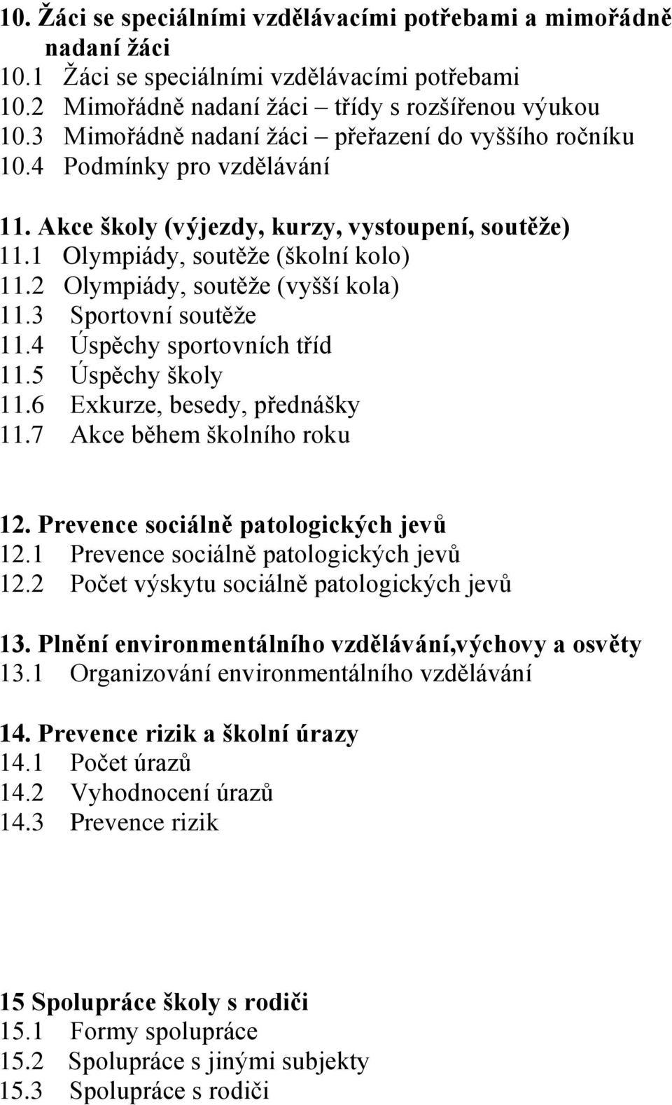 2 Olympiády, soutěţe (vyšší kola) 11.3 Sportovní soutěţe 11.4 Úspěchy sportovních tříd 11.5 Úspěchy školy 11.6 Exkurze, besedy, přednášky 11.7 Akce během školního roku 12.