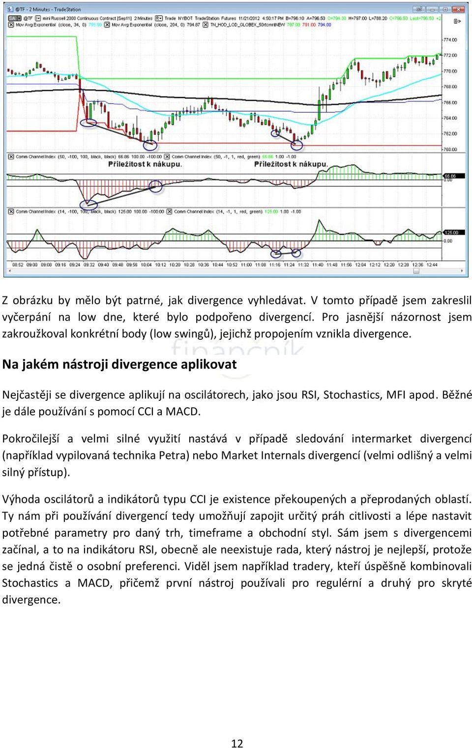 Na jakém nástroji divergence aplikovat Nejčastěji se divergence aplikují na oscilátorech, jako jsou RSI, Stochastics, MFI apod. Běžné je dále používání s pomocí CCI a MACD.