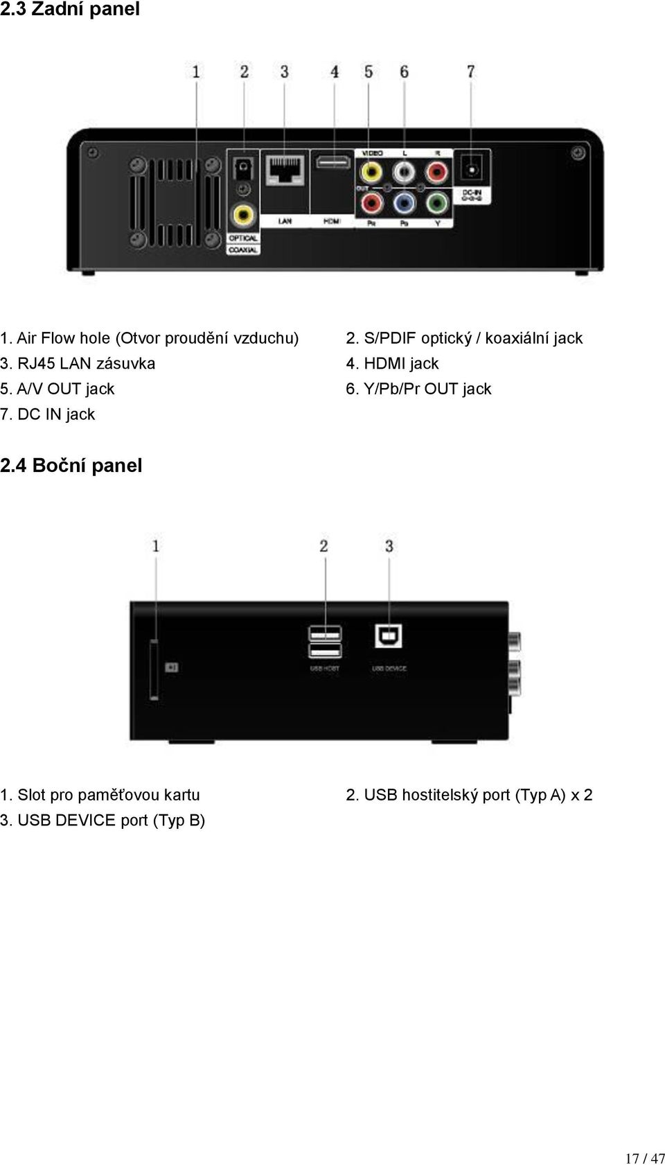 A/V OUT jack 6. Y/Pb/Pr OUT jack 7. DC IN jack 2.4 Boční panel 1.