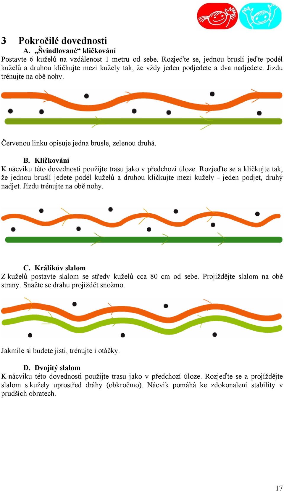 Červenou linku opisuje jedna brusle, zelenou druhá. B. Kličkování K nácviku této dovednosti použijte trasu jako v předchozí úloze.