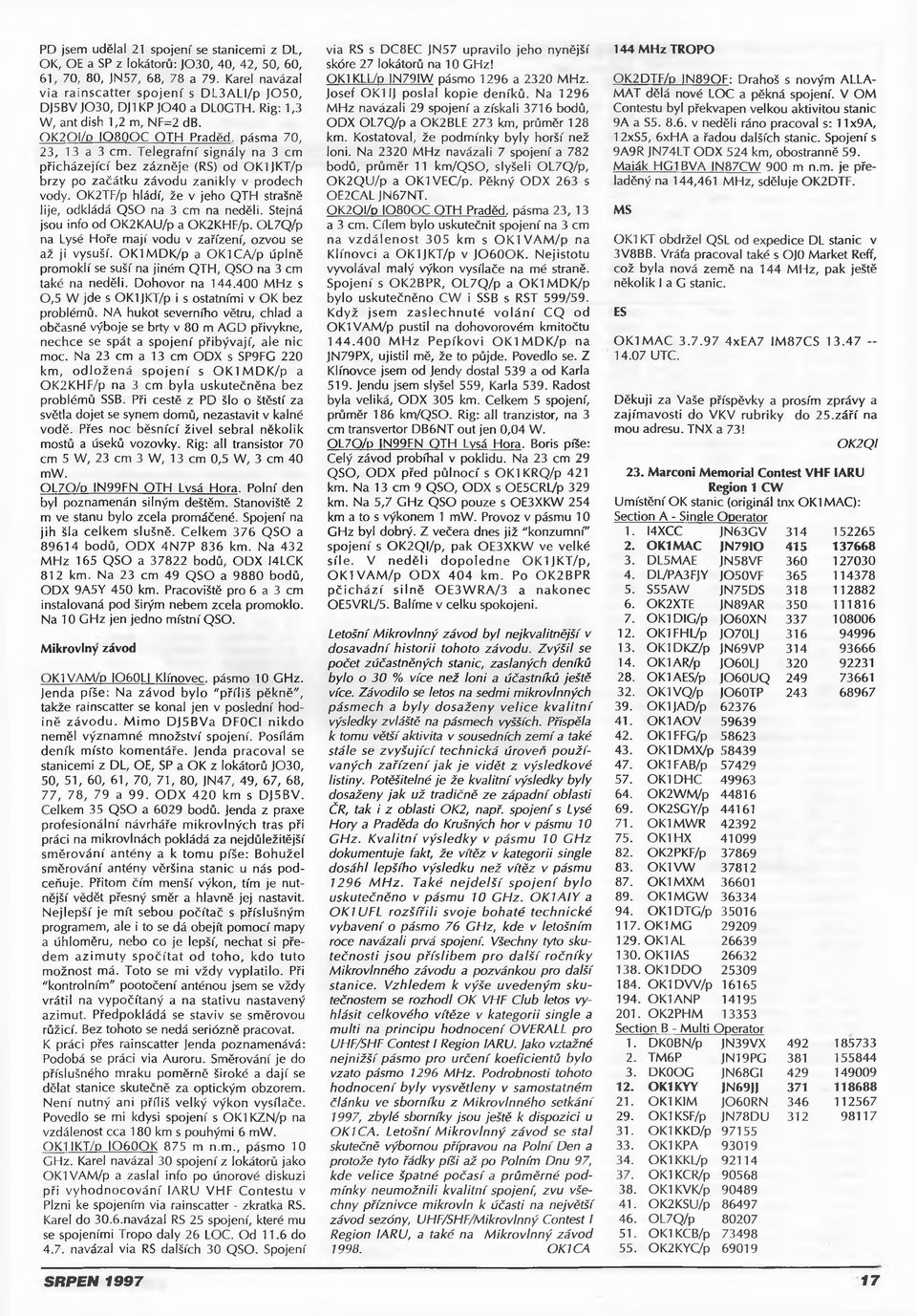 Telegrafní signály na 3 cm přicházející bez zázněje (RS) od OK1JKT/p brzy po začátku závodu zanikly v prodech vody. OK2TF/p hládí, že v jeho QTH strašně lije, odkládá QSO na 3 cm na neděli.