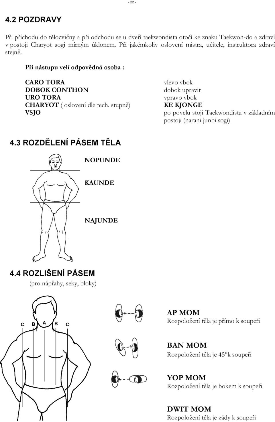 stupně) VSJO vlevo vbok dobok upravit vpravo vbok KE KJONGE po povelu stoji Taekwondista v základním postoji (narani junbi sogi) 4.3 ROZDĚLENÍ PÁSEM TĚLA NOPUNDE KAUNDE NAJUNDE 4.