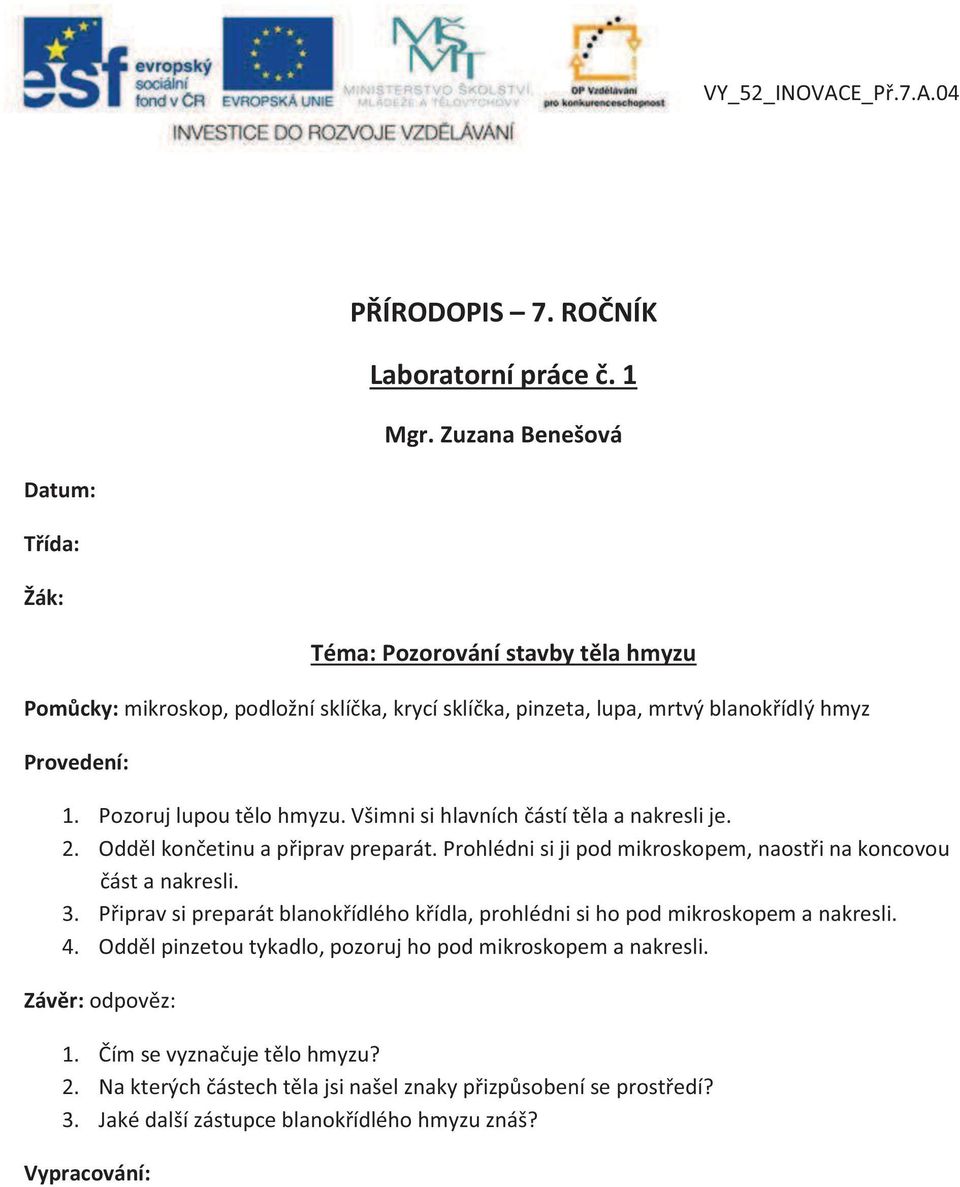 Pozoruj lupou tělo hmyzu. Všimni si hlavních částí těla a nakresli je. 2. Odděl končetinu a připrav preparát. Prohlédni si ji pod mikroskopem, naostři na koncovou část a nakresli. 3.