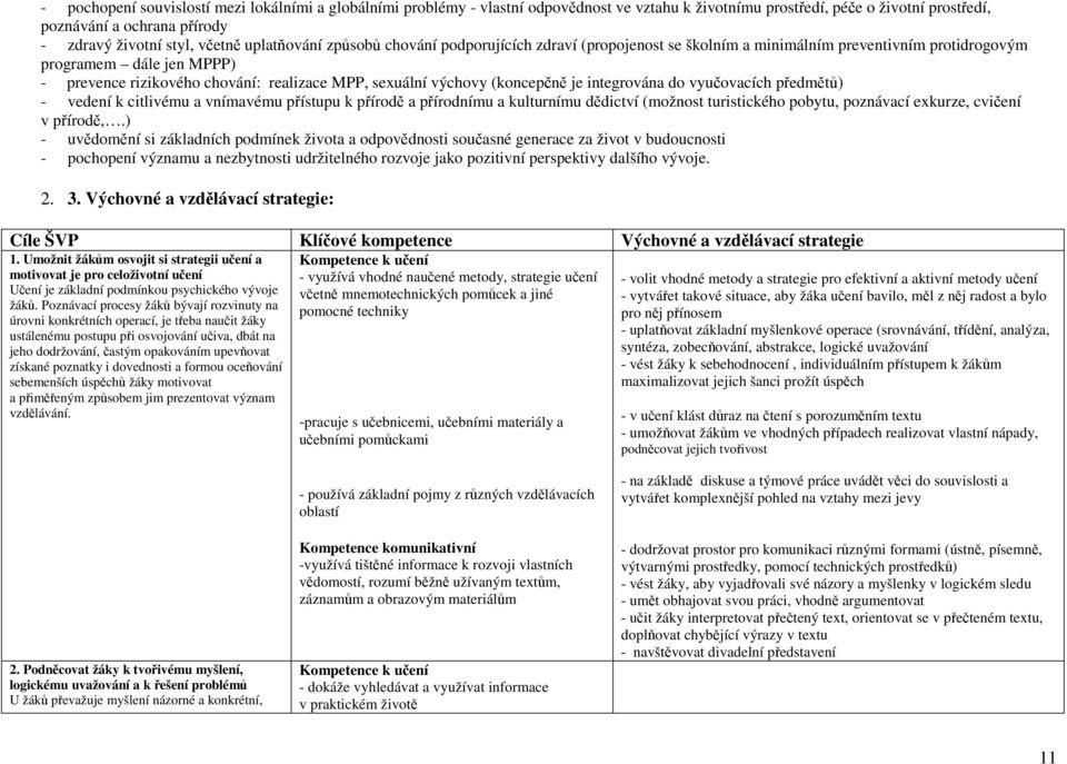 výchovy (koncepčně je integrována do vyučovacích předmětů) - vedení k citlivému a vnímavému přístupu k přírodě a přírodnímu a kulturnímu dědictví (možnost turistického pobytu, poznávací exkurze,