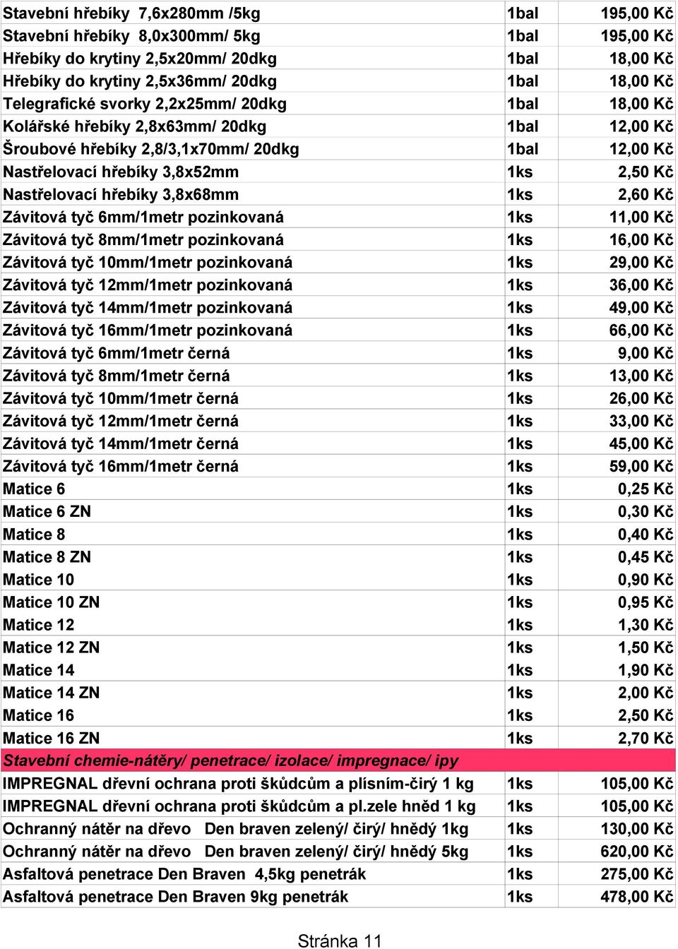 Nastřelovací hřebíky 3,8x68mm 1ks 2,60 Kč Závitová tyč 6mm/1metr pozinkovaná 1ks 11,00 Kč Závitová tyč 8mm/1metr pozinkovaná 1ks 16,00 Kč Závitová tyč 10mm/1metr pozinkovaná 1ks 29,00 Kč Závitová tyč