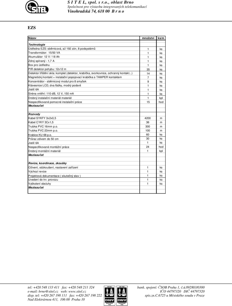 ..) 14 ks Magnetický kontakt + instalační popojovací krabička s TAMPER kontaktem 7 ks Koncentrátor - sběrnicový modul pro 8 smyček 9 ks Klávesnice LCD, dva řádky, modrý podsvit 1 ks Jistič 6A 1 ks