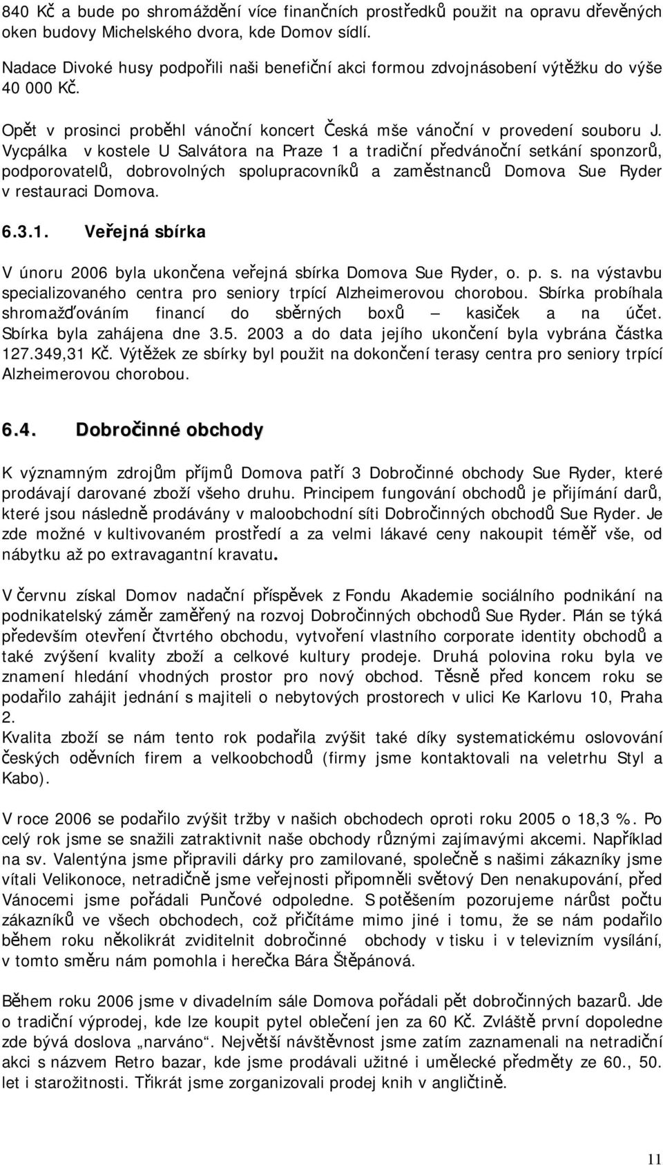 Vycpálka v kostele U Salvátora na Praze 1 a tradiční předvánoční setkání sponzorů, podporovatelů, dobrovolných spolupracovníků a zaměstnanců Domova Sue Ryder v restauraci Domova. 6.3.1. Veřejná sbírka V únoru 2006 byla ukončena veřejná sbírka Domova Sue Ryder, o.