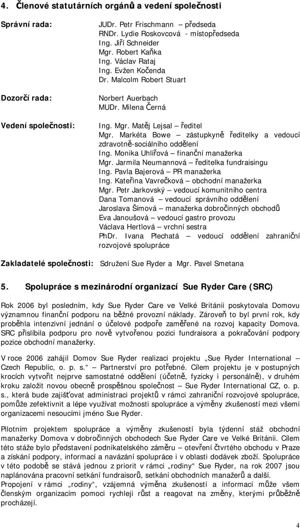 Markéta Bowe zástupkyně ředitelky a vedoucí zdravotně-sociálního oddělení Ing. Monika Uhlířová finanční manažerka Mgr. Jarmila Neumannová ředitelka fundraisingu Ing. Pavla Bajerová PR manažerka Ing.