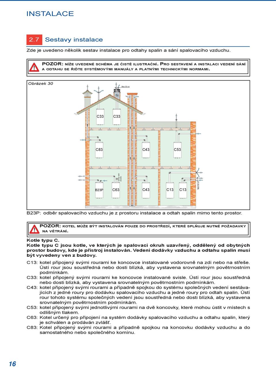 Obrázek 30 Max 50 cm C33 C33 C83 C43 C53 výstup sání zezadu B23P C63 C43 C13 C13 Max 50 cm B23P: odběr spalovacího vzduchu je z prostoru instalace a odtah spalin mimo tento prostor.