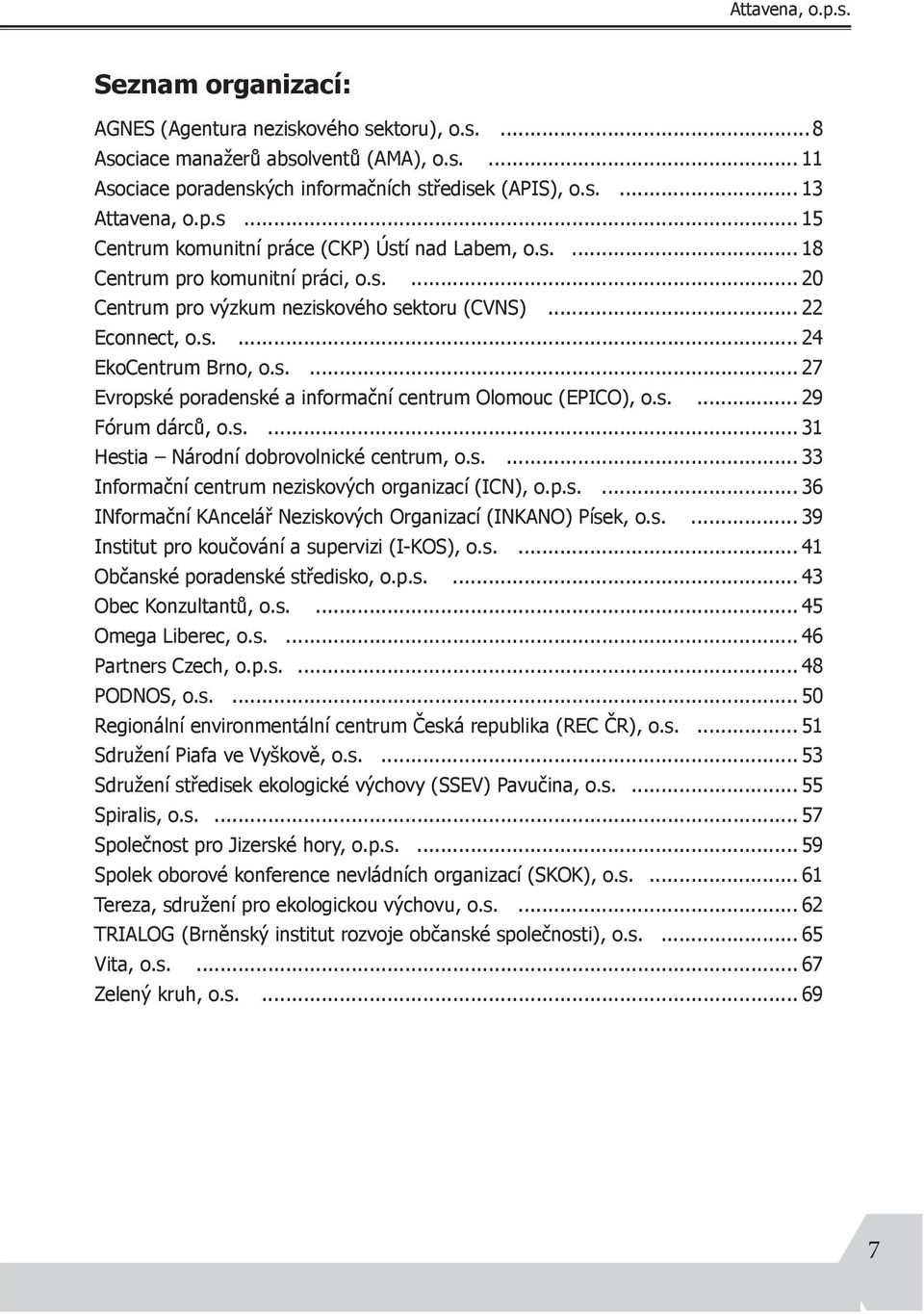 s.... 27 Evropské poradenské a informační centrum Olomouc (EPICO), o.s.... 29 Fórum dárců, o.s.... 31 Hestia Národní dobrovolnické centrum, o.s.... 33 Informační centrum neziskových organizací (ICN), o.