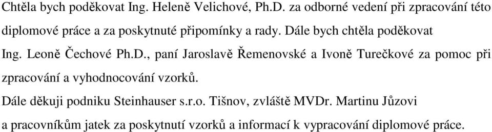 Dále bych chtěla poděkovat Ing. Leoně Čechové Ph.D., paní Jaroslavě Řemenovské a Ivoně Turečkové za pomoc při zpracování a vyhodnocování vzorků.