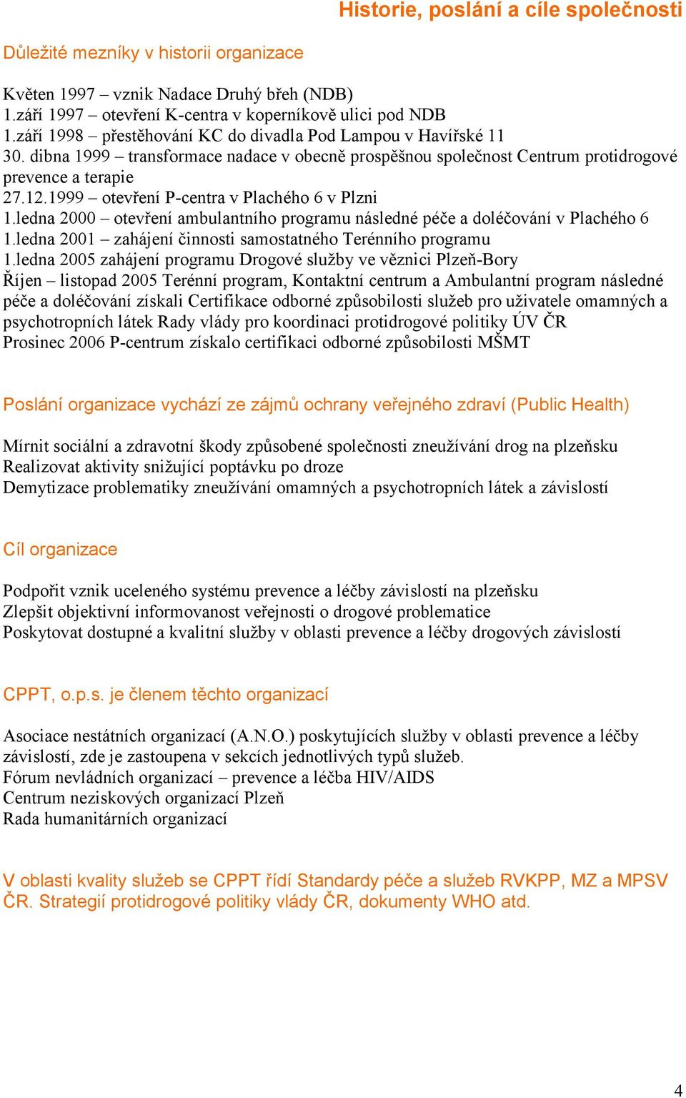 1999 otevření P-centra v Plachého 6 v Plzni 1.ledna 2000 otevření ambulantního programu následné péče a doléčování v Plachého 6 1.ledna 2001 zahájení činnosti samostatného Terénního programu 1.