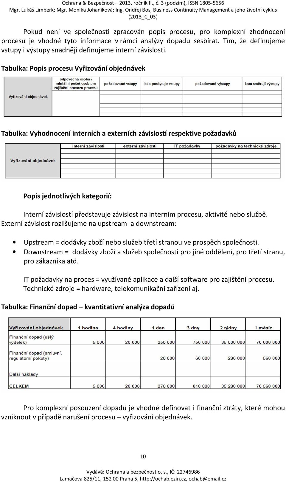 Tabulka: Popis procesu Vyřizování objednávek Tabulka: Vyhodnocení interních a externích závislostí respektive požadavků Popis jednotlivých kategorií: Interní závislostí představuje závislost na