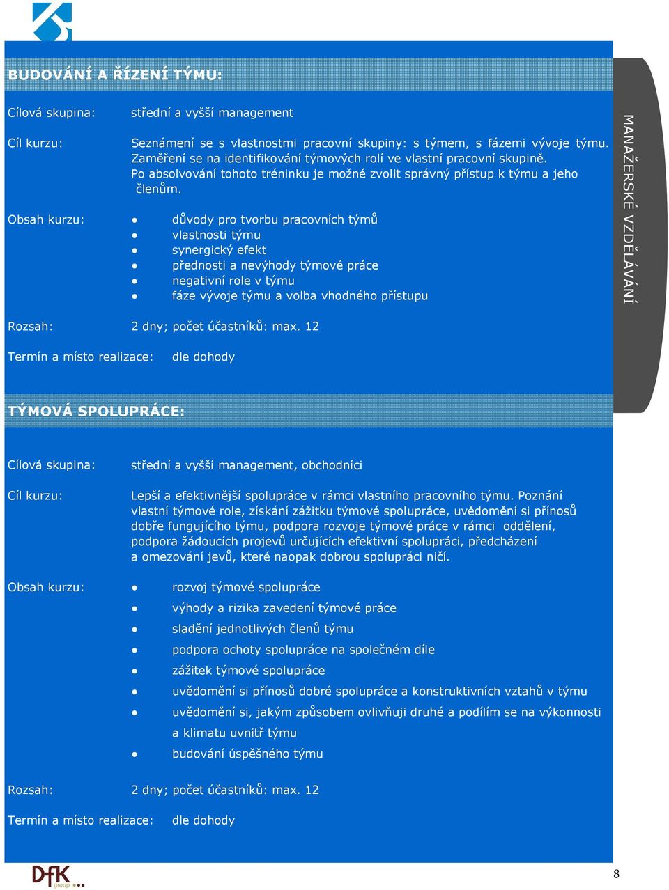 Obsah kurzu: důvody pro tvorbu pracovních týmů vlastnosti týmu synergický efekt přednosti a nevýhody týmové práce negativní role v týmu fáze vývoje týmu a volba vhodného přístupu MANAŽERSKÉ