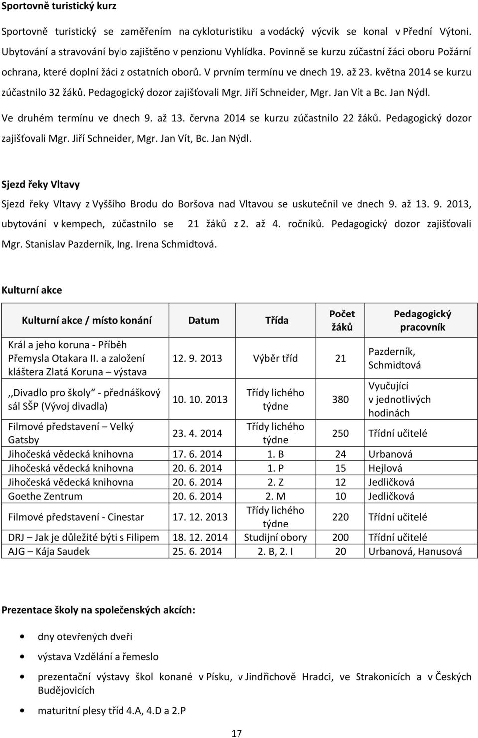 Pedagogický dozor zajišťovali Mgr. Jiří Schneider, Mgr. Jan Vít a Bc. Jan Nýdl. Ve druhém termínu ve dnech 9. až 13. června 2014 se kurzu zúčastnilo 22 žáků. Pedagogický dozor zajišťovali Mgr.