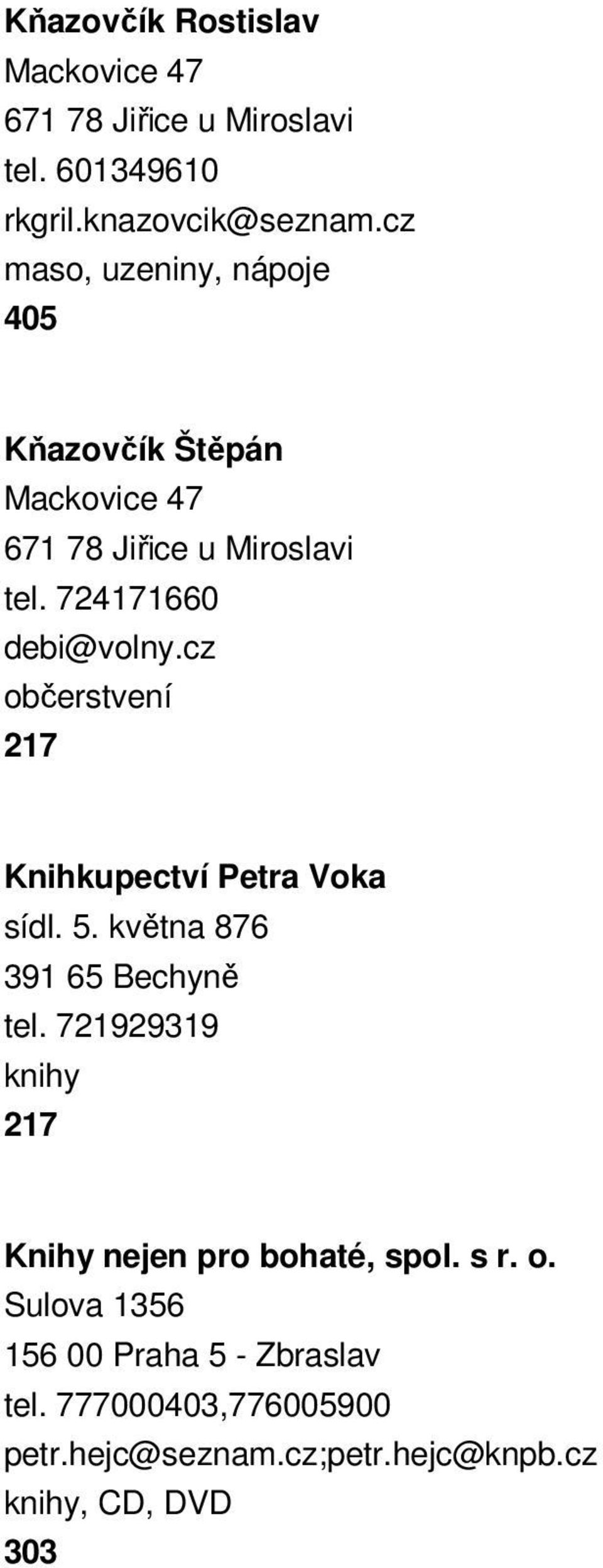 cz občerstvení 217 Knihkupectví Petra Voka sídl. 5. května 876 391 65 Bechyně tel.