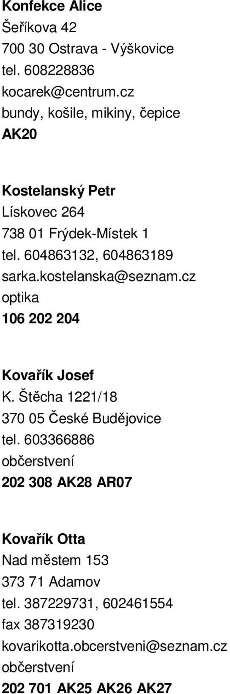 kostelanska@seznam.cz optika 106 202 204 Kovařík Josef K. Štěcha 1221/18 370 05 České Budějovice tel.