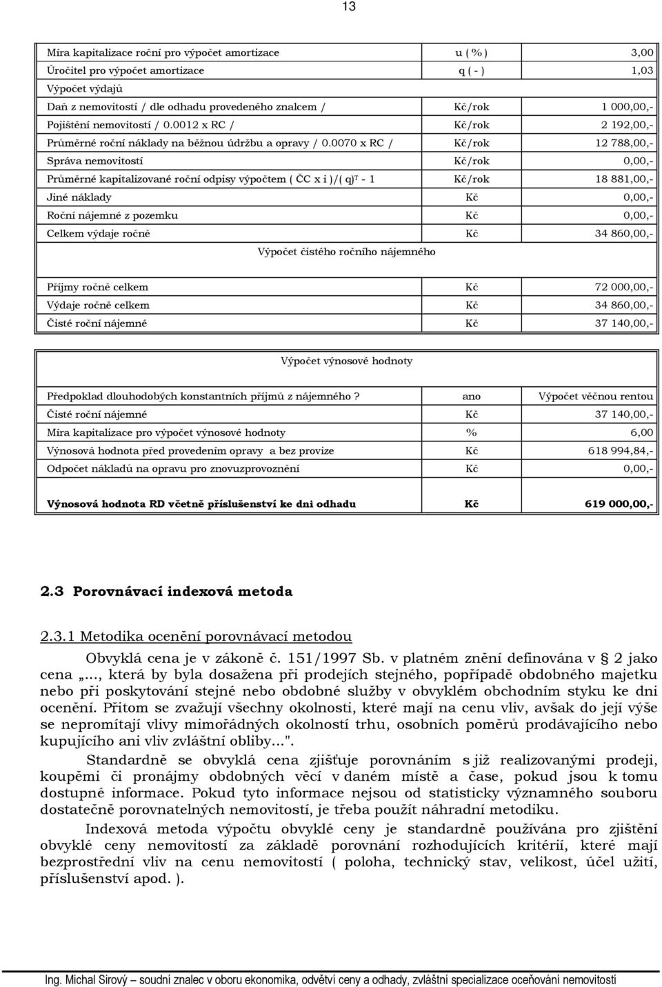 0070 x RC / Kč/rok 12 788,00,- Správa nemovitostí Kč/rok 0,00,- Průměrné kapitalizované roční odpisy výpočtem ( ČC x i )/( q) T - 1 Kč/rok 18 881,00,- Jiné náklady Kč 0,00,- Roční nájemné z pozemku