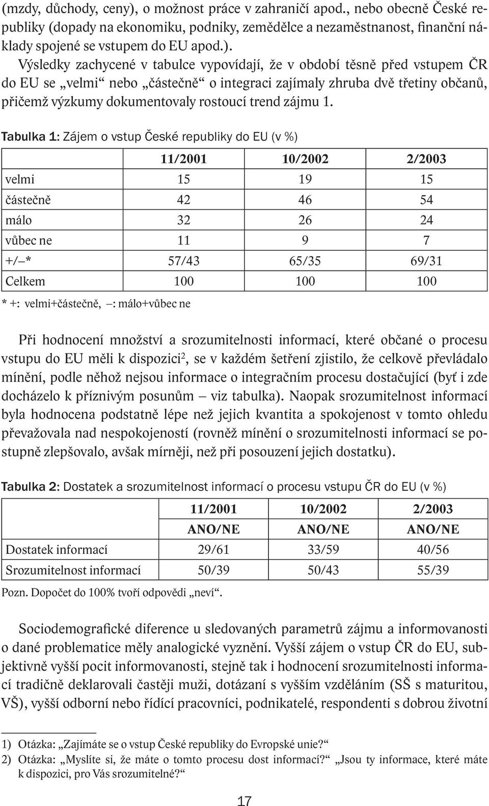 Výsledky zachycené v tabulce vypovídají, že v období těsně před vstupem ČR do EU se velmi nebo částečně o integraci zajímaly zhruba dvě třetiny občanů, přičemž výzkumy dokumentovaly rostoucí trend