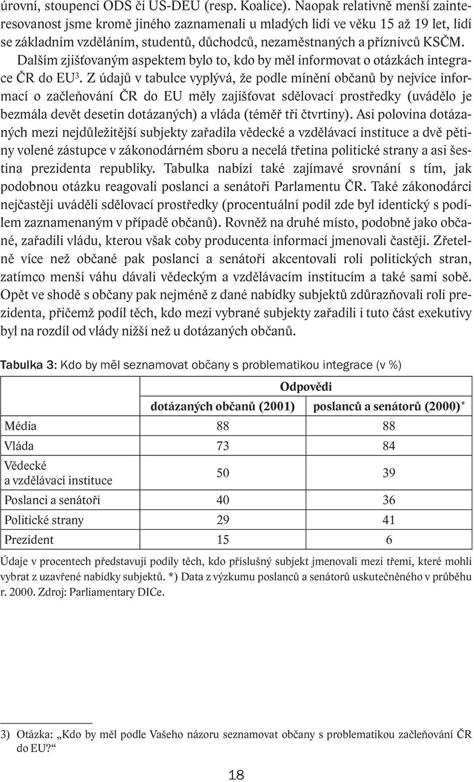 Dalším zjišťovaným aspektem bylo to, kdo by měl informovat o otázkách integrace ČR do EU 3.