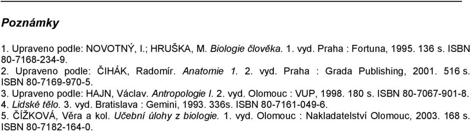 Upraveno podle: HAJN, Václav. Antropologie I. 2. vyd. Olomouc : VUP, 1998. 180 s. ISBN 80-7067-901-8. 4. Lidské tělo. 3. vyd. Bratislava : Gemini, 1993.