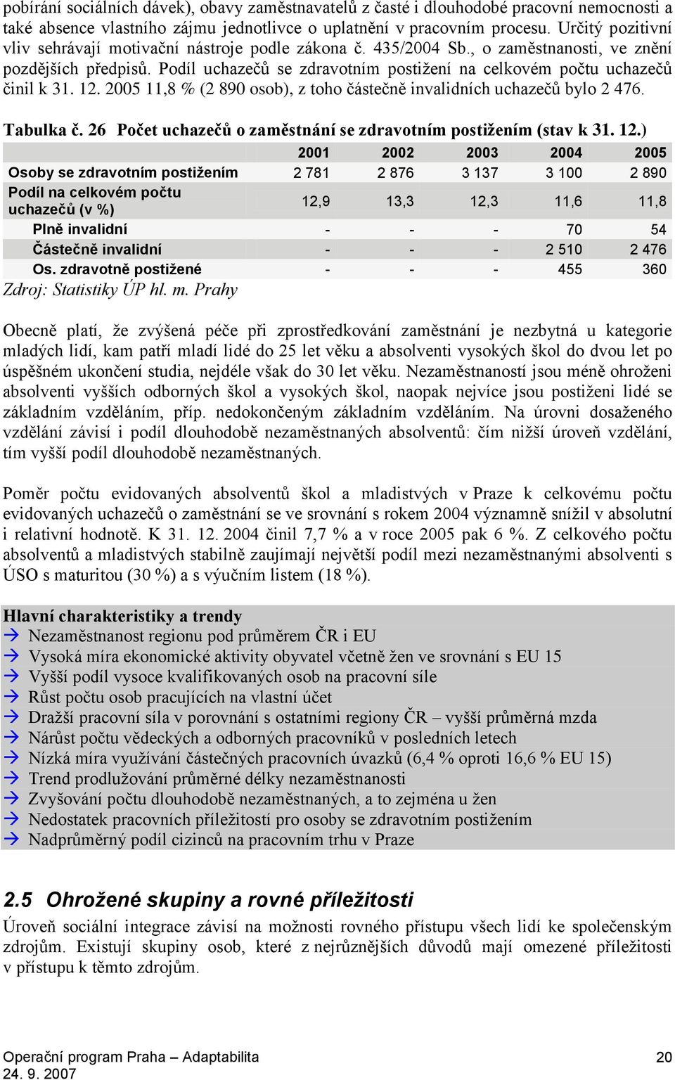 Podíl uchazečů se zdravotním postižení na celkovém počtu uchazečů činil k 31. 12. 2005 11,8 % (2 890 osob), z toho částečně invalidních uchazečů bylo 2 476. Tabulka č.