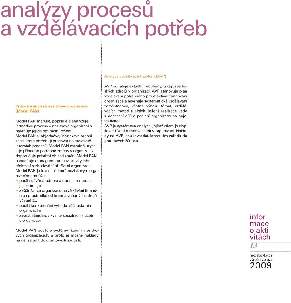 Model PAN zásadně urychluje případné potřebné změny v organizaci a doporučuje prioritní oblasti změn. Model PAN usnadňuje managementu neziskovky jeho efektivní rozhodování při řízení organizace.