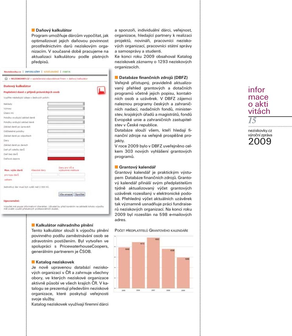 a sponzoři, individuální dárci, veřejnost, organizace, hledající partnery k realizaci projektů, novináři, pracovníci neziskových organizací, pracovníci státní správy a samosprávy a studenti.