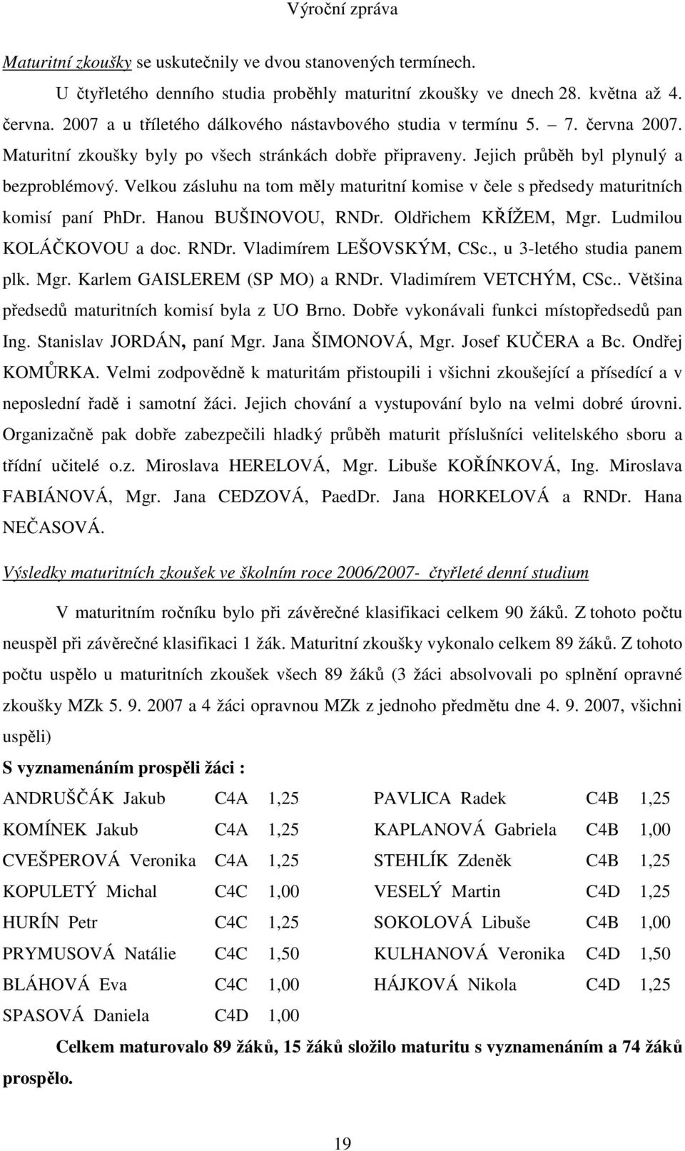 Velkou zásluhu na tom měly maturitní komise v čele s předsedy maturitních komisí paní PhDr. Hanou BUŠINOVOU, RNDr. Oldřichem KŘÍŽEM, Mgr. Ludmilou KOLÁČKOVOU a doc. RNDr. Vladimírem LEŠOVSKÝM, CSc.