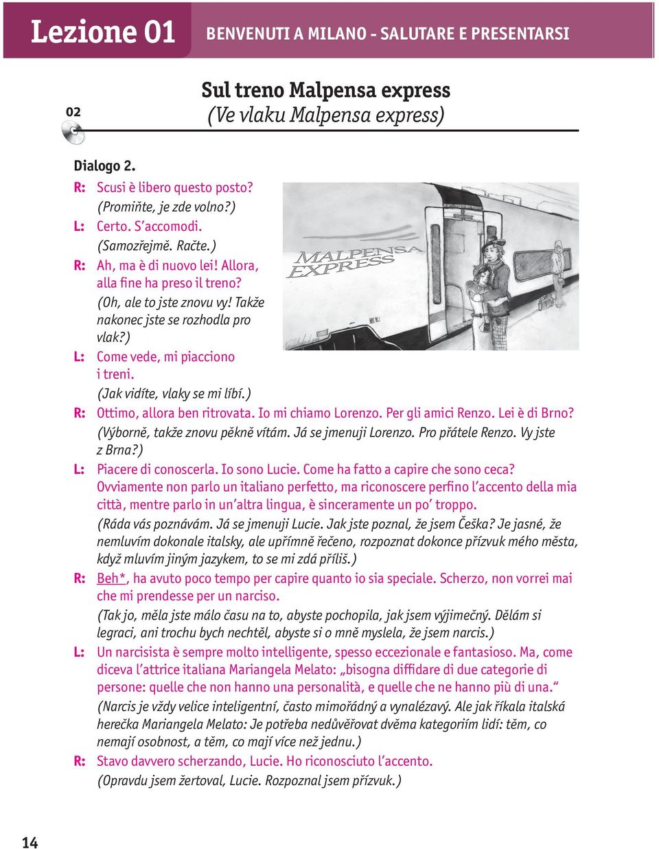 (Jak vidíte, vlaky se mi líbí.) R: Ottimo, allora ben ritrovata. Io mi chiamo Lorenzo. Per gli amici Renzo. Lei è di Brno? (Výborně, takže znovu pěkně vítám. Já se jmenuji Lorenzo. Pro přátele Renzo.