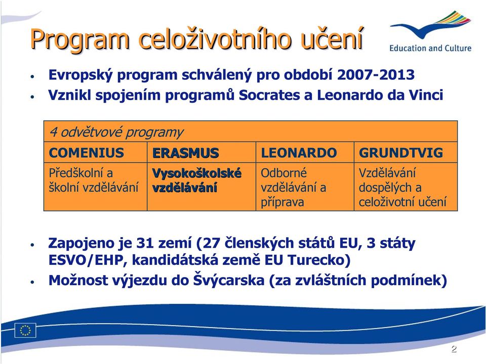 vzdělávání LEONARDO Odborné vzdělávání a příprava GRUNDTVIG Vzdělávání dospělých a celoživotní učení Zapojeno je 31