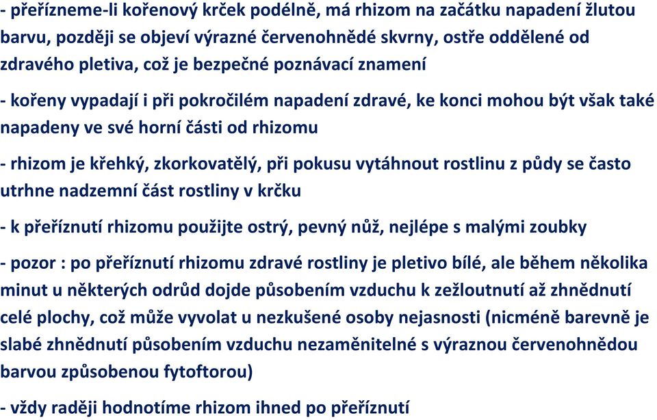 se často utrhne nadzemní část rostliny v krčku - k přeříznutí rhizomu použijte ostrý, pevný nůž, nejlépe s malými zoubky - pozor : po přeříznutí rhizomu zdravé rostliny je pletivo bílé, ale během