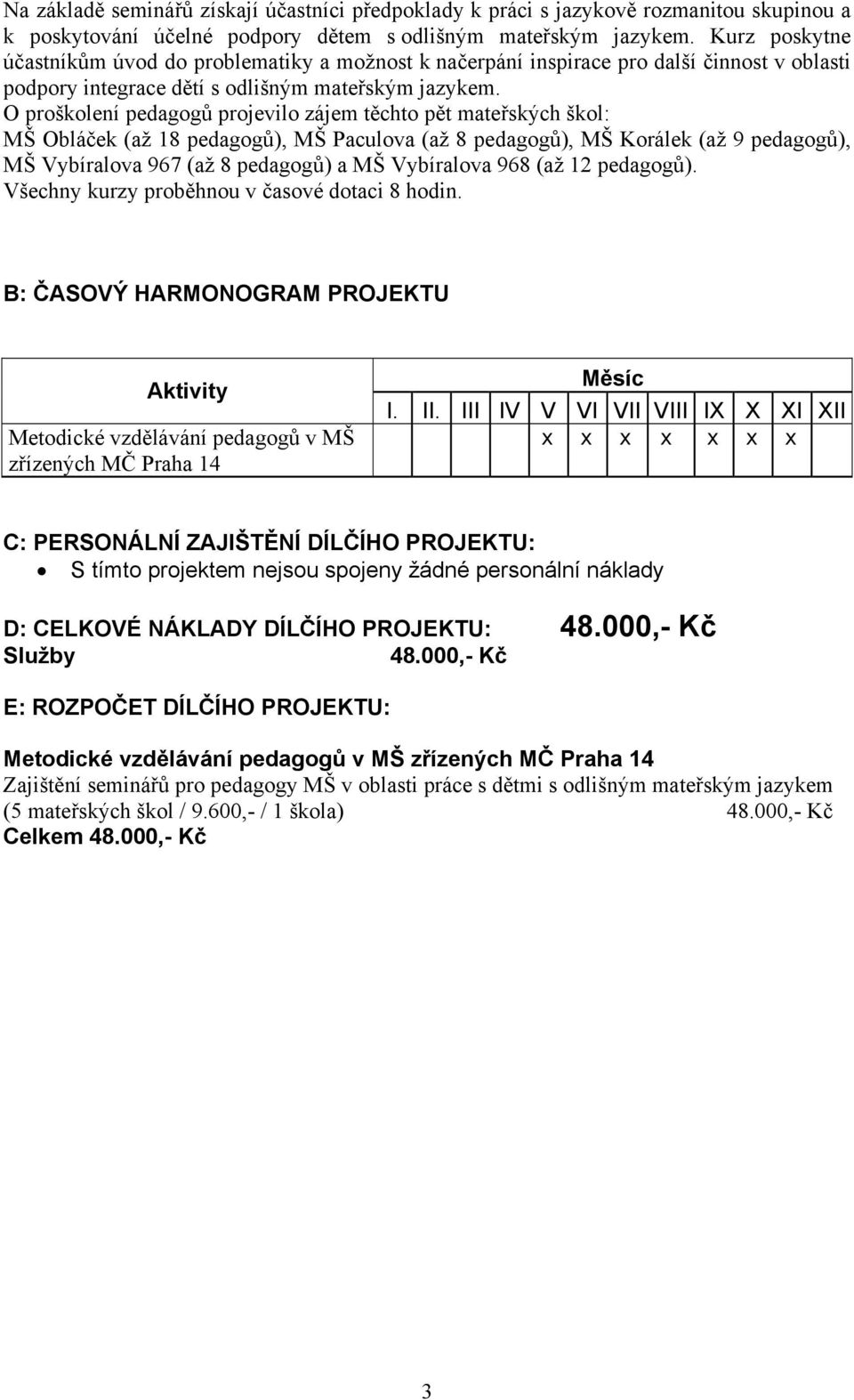 O proškolení pedagogů projevilo zájem těchto pět mateřských škol: MŠ Obláček (až 18 pedagogů), MŠ Paculova (až 8 pedagogů), MŠ Korálek (až 9 pedagogů), MŠ Vybíralova 967 (až 8 pedagogů) a MŠ