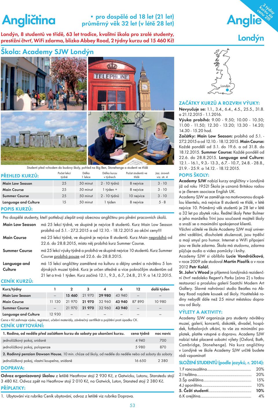 !! Londýn Londýn Studenti před vchodem do budovy školy, pohled na Big Ben, Stonehenge a studenti ve Main Low Season 25 50 minut 2-10 týdnů 8 nejvíce 3-10 Main Course 25 50 minut 1 týden + 8 nejvíce