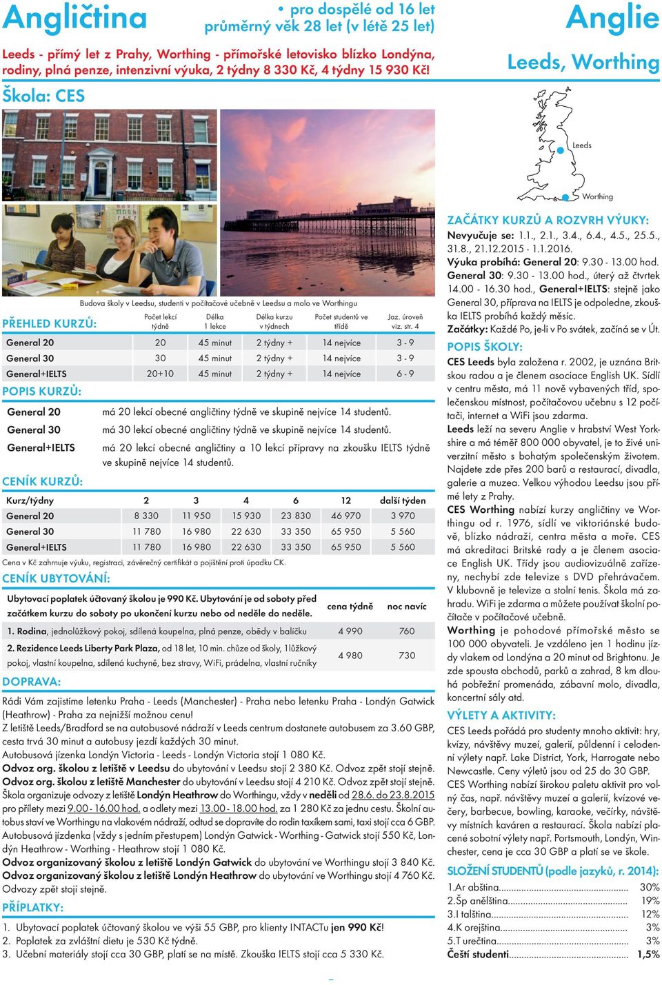 Škola: CES Leeds, Worthing Leeds Worthing Budova školy v Leedsu, studenti v počítačové učebně v Leedsu a molo ve Worthingu General 20 20 45 minut 2 týdny + 14 nejvíce 3-9 General 30 30 45 minut 2