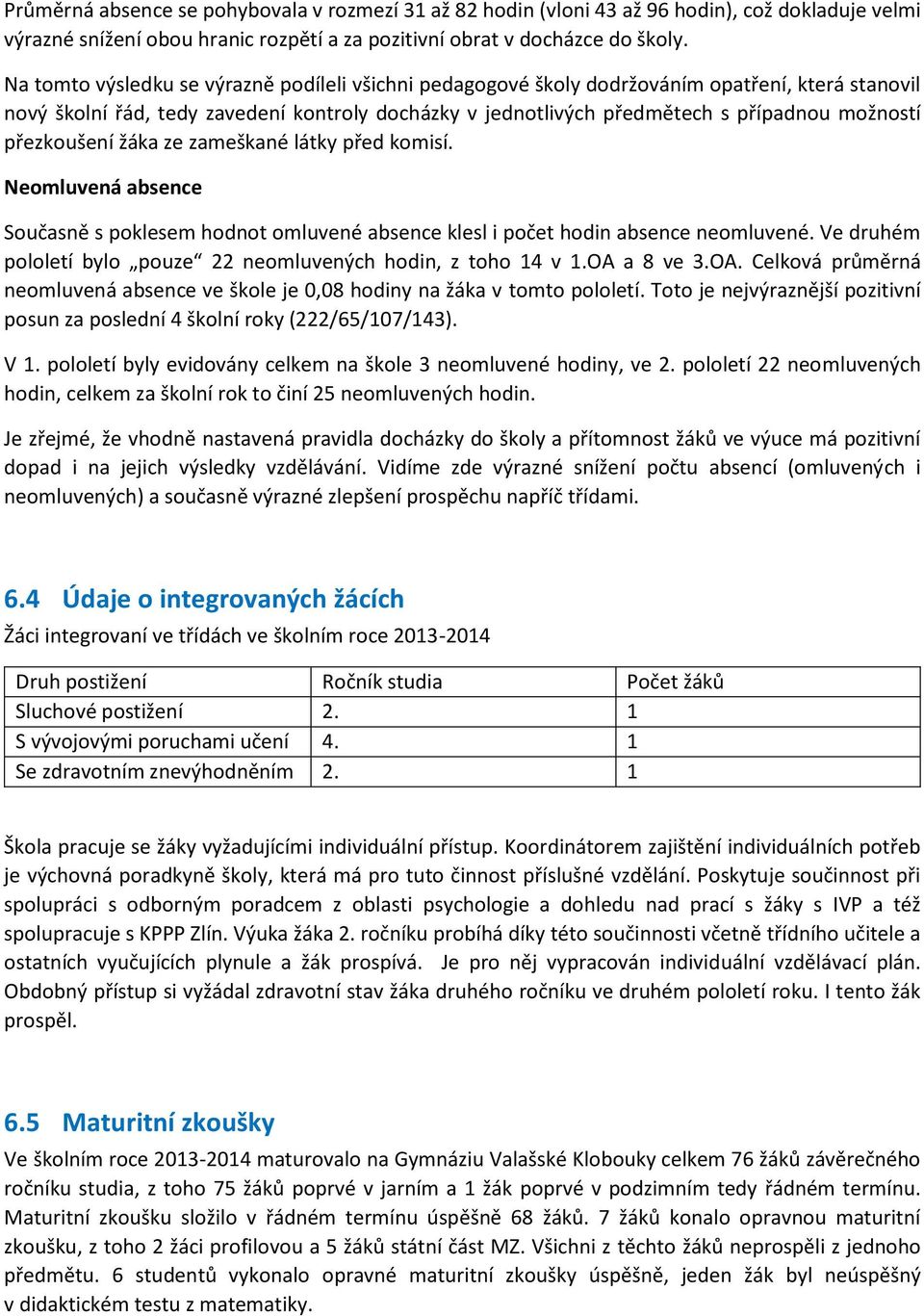 přezkoušení žáka ze zameškané látky před komisí. Neomluvená absence Současně s poklesem hodnot omluvené absence klesl i počet hodin absence neomluvené.