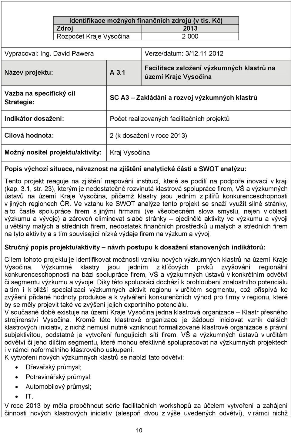 projektů Cílová hodnota: 2 (k dosažení v roce 2013) Možný nositel projektu/aktivity: Kraj Vysočina Popis výchozí situace, návaznost na zjištění analytické části a SWOT analýzu: Tento projekt reaguje