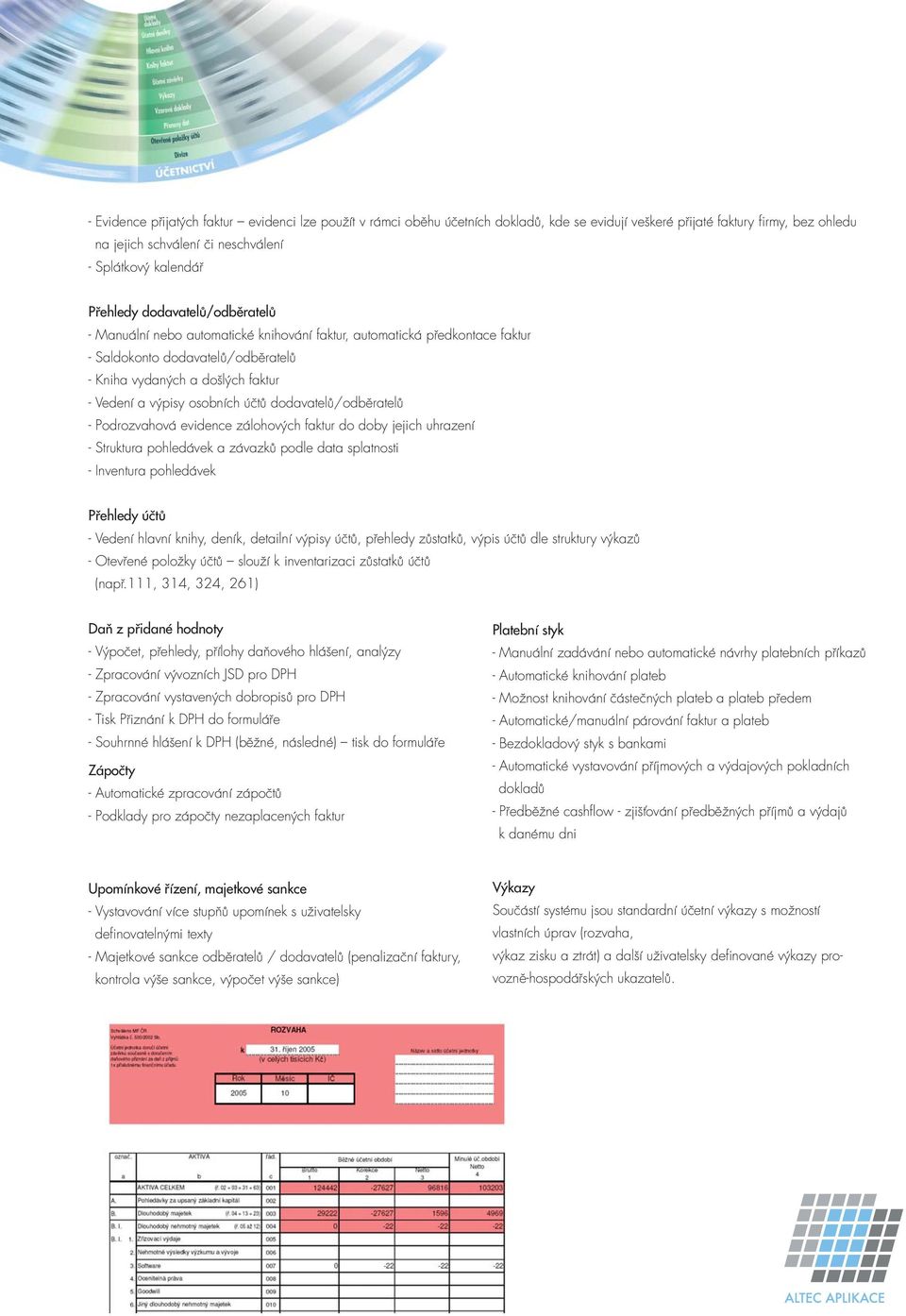 osobních účtů dodavatelů/odběratelů - Podrozvahová evidence zálohových faktur do doby jejich uhrazení - Struktura pohledávek a závazků podle data splatnosti - Inventura pohledávek Přehledy účtů -