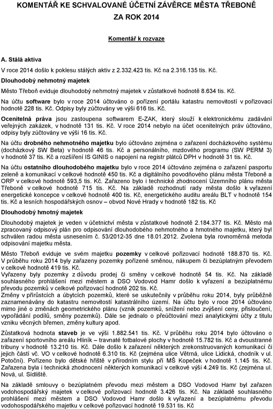 Kč. Odpisy byly zúčtovány ve výši 616 tis. Kč. Ocenitelná práva jsou zastoupena softwarem E-ZAK, který slouží k elektronickému zadávání veřejných zakázek, v hodnotě 131 tis. Kč. V roce 2014 nebylo na účet ocenitelných práv účtováno, odpisy byly zúčtovány ve výši 16 tis.