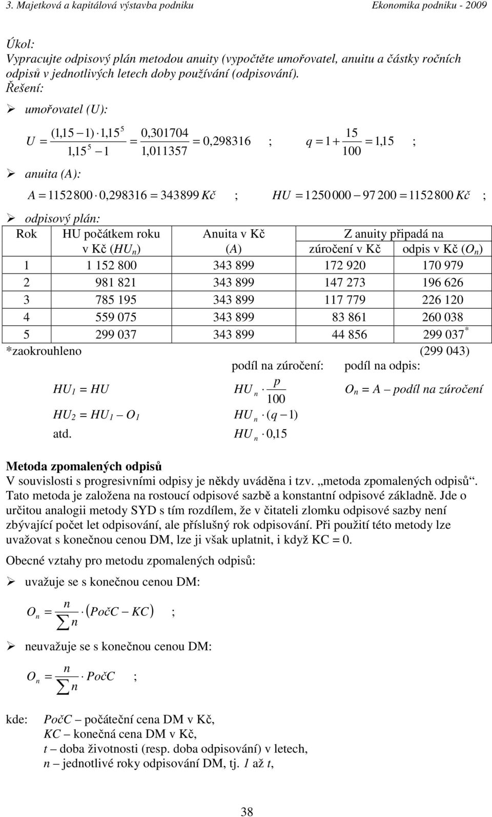 plán: Rok HU počátkem roku Anuita v Kč Z anuity připadá na v Kč (HU n ) (A) zúročení v Kč odpis v Kč (O n ) 1 1 152 800 343 899 172 920 170 979 2 981 821 343 899 147 273 196 626 3 785 195 343 899 117